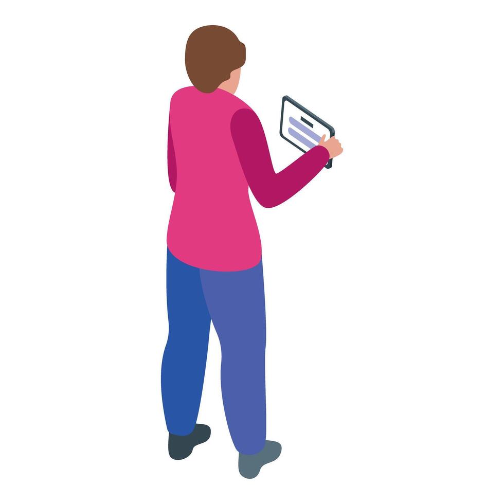 Young man using tablet, back view. Modern technology and communication vector