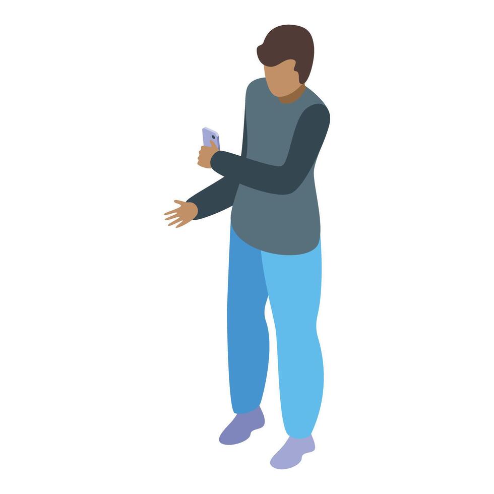 Young man holding smartphone taking photo or recording isometric view vector
