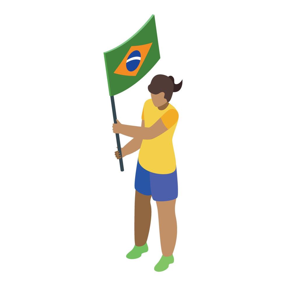 Brazilian supporter holding national flag, isometric view of patriotism vector