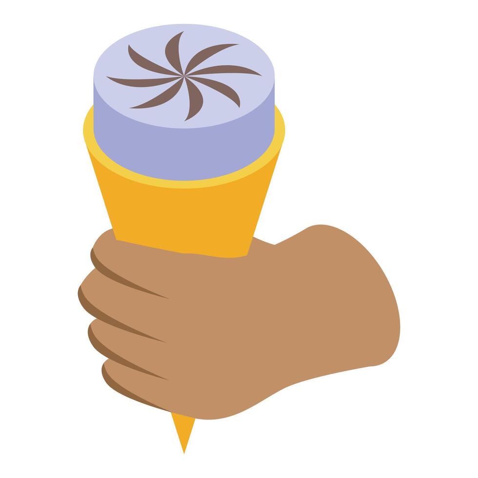 Hand holding a blueberry ice cream cone, isometric view vector
