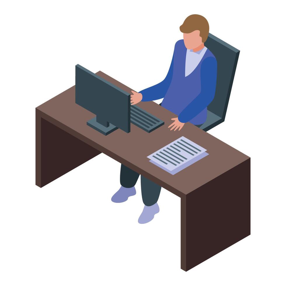 Office worker using desktop computer and reading documents at workplace vector