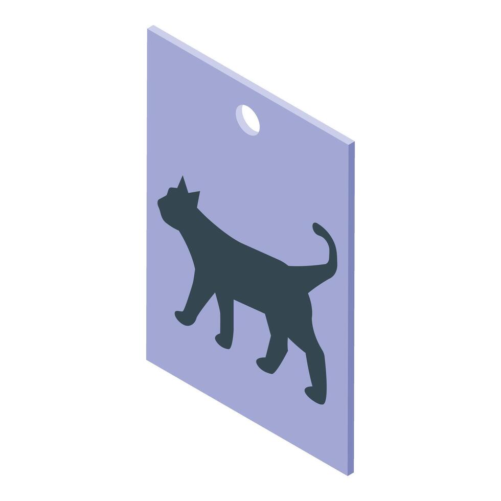 Black cat silhouette walking on a purple label tag isometric icon vector