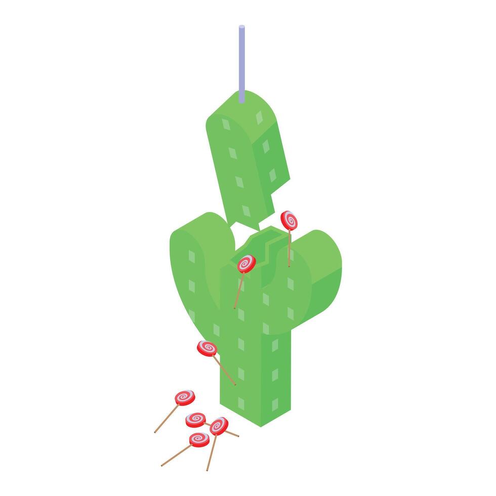 Green pinata cactus breaking and releasing lollipops, isometric view vector