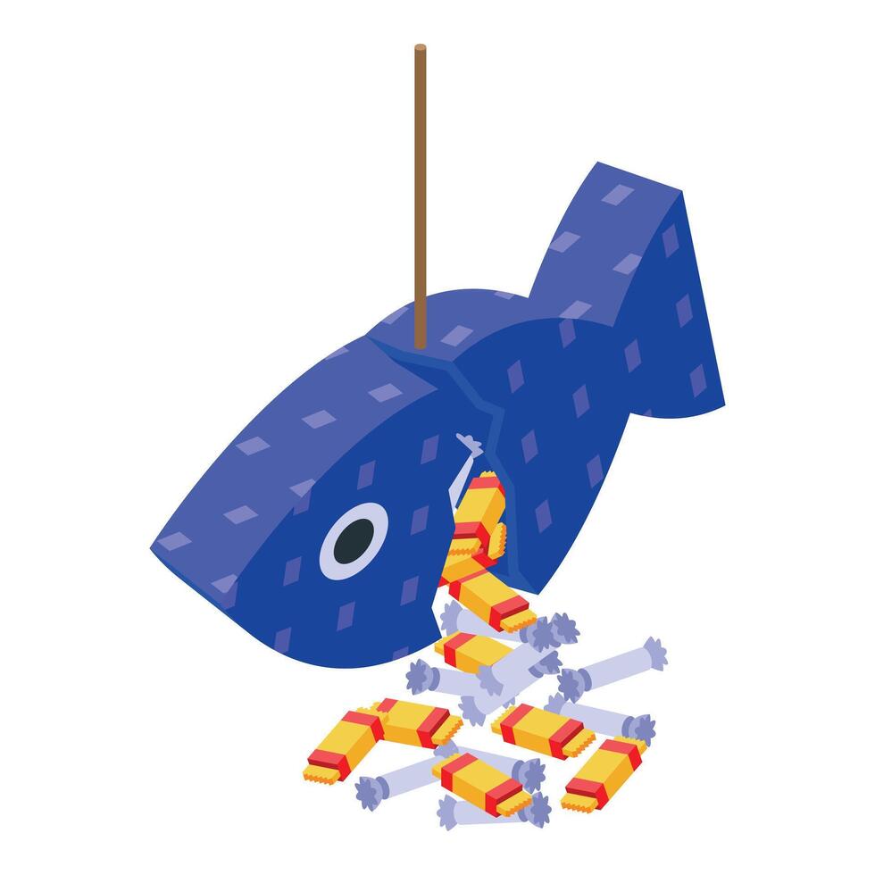 Broken fish pinata releasing candy and small toys vector