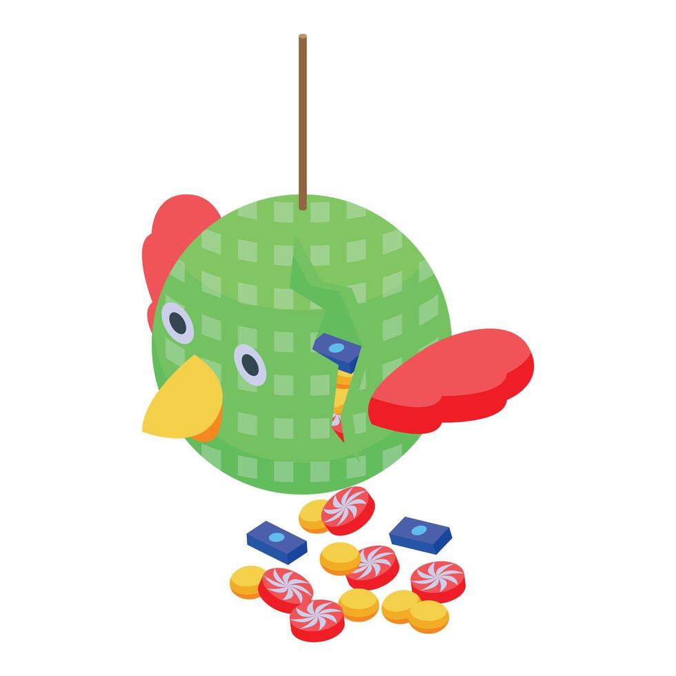 Broken green chicken pinata releasing candy and surprise gifts vector