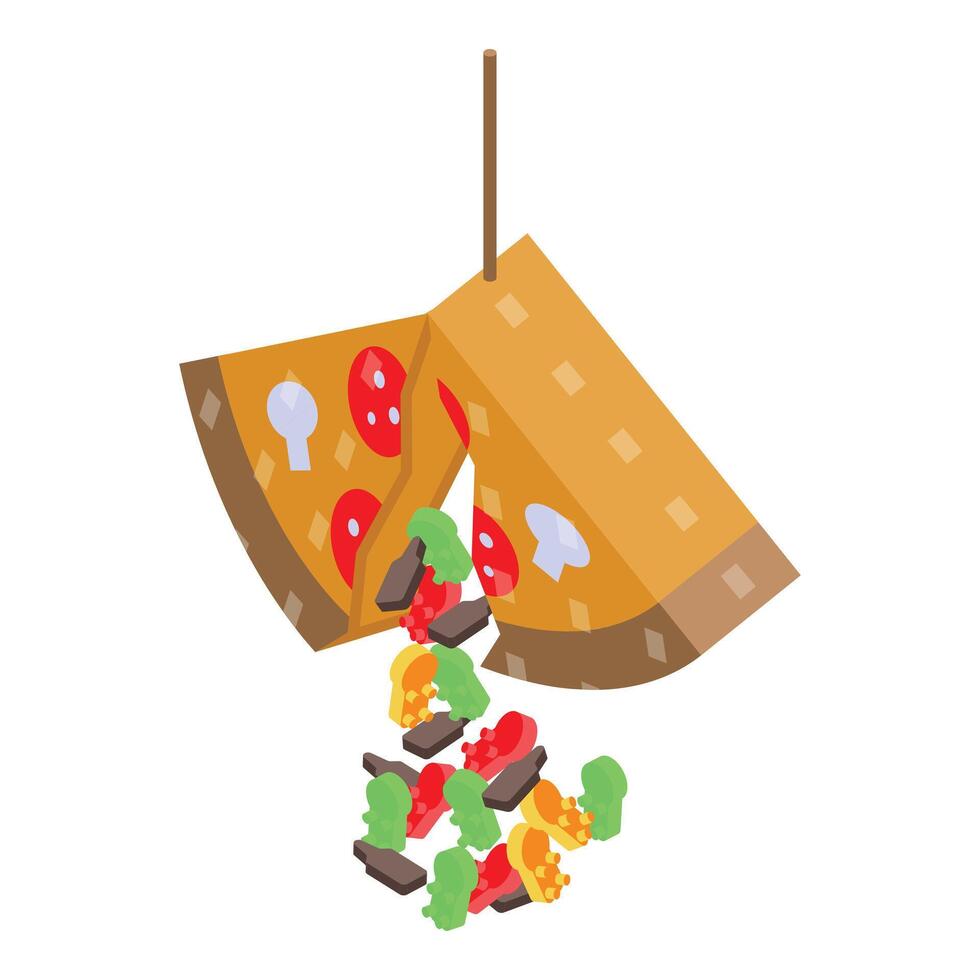 Gummy pizza dropping candies hanging from a string, isometric illustration vector
