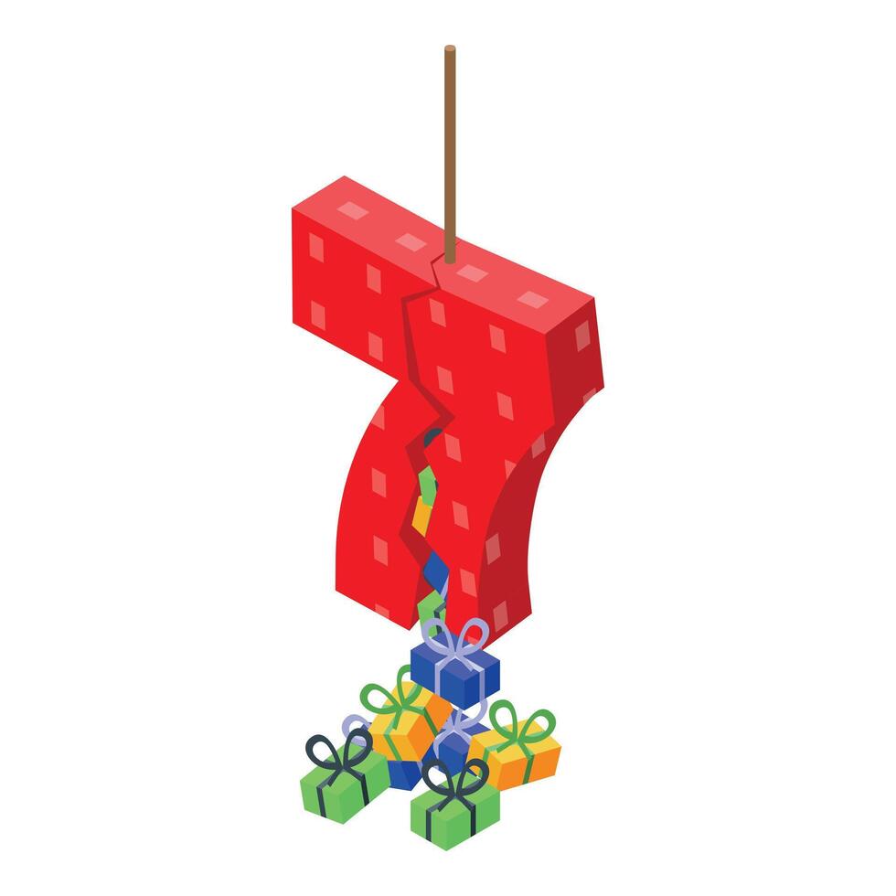 Red pinata number seven releasing colorful gifts, celebrating seventh birthday or anniversary vector