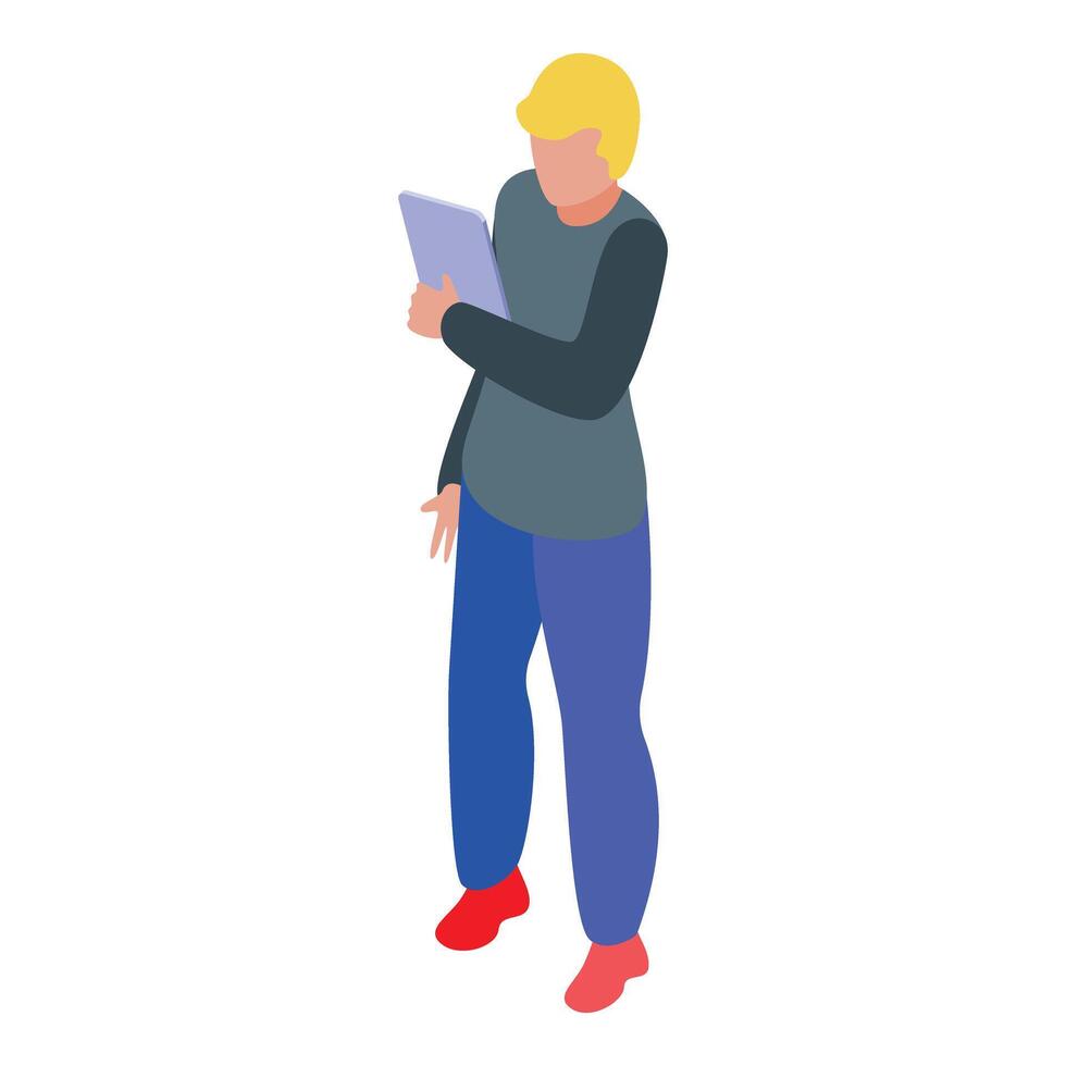 Young man holding tablet, playing, browsing, studying, working vector