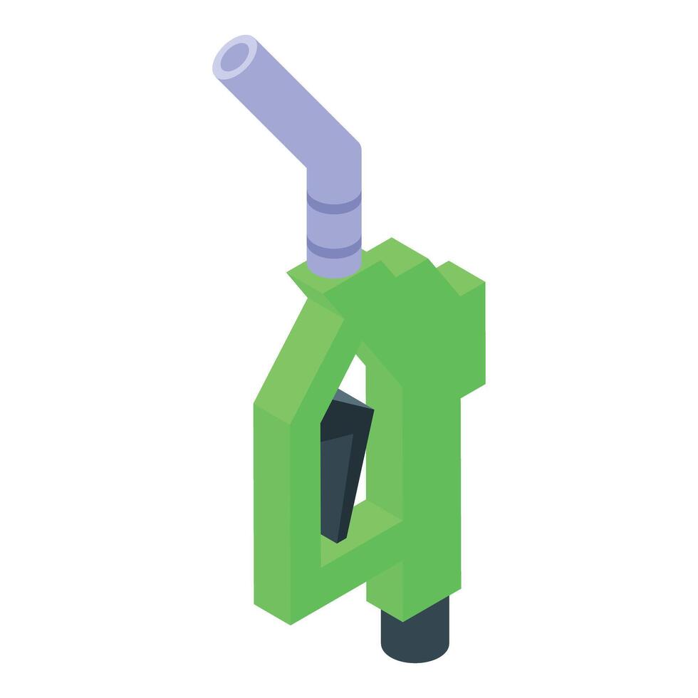 Green gasoline nozzle fueling vehicle at gas station, isometric view vector
