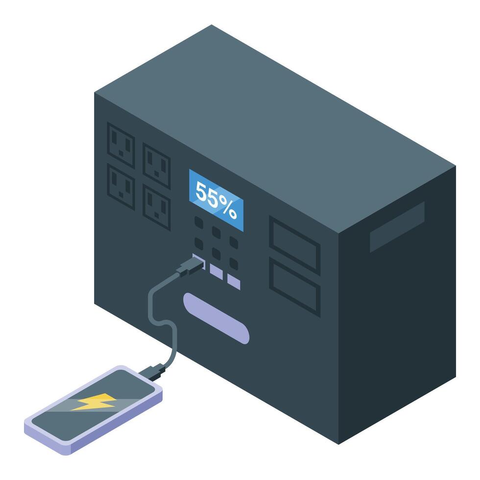 Portable power station charging smartphone, isometric view vector