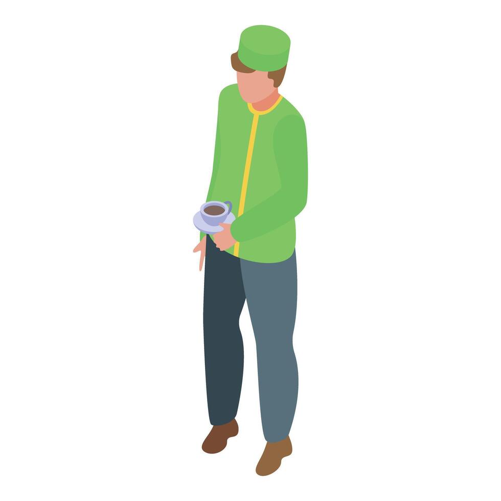 Hotel porter holding cup and saucer, providing excellent guest service vector