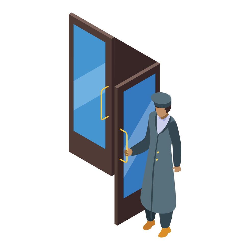 Hotel doorman opening door for guests, providing excellent service vector