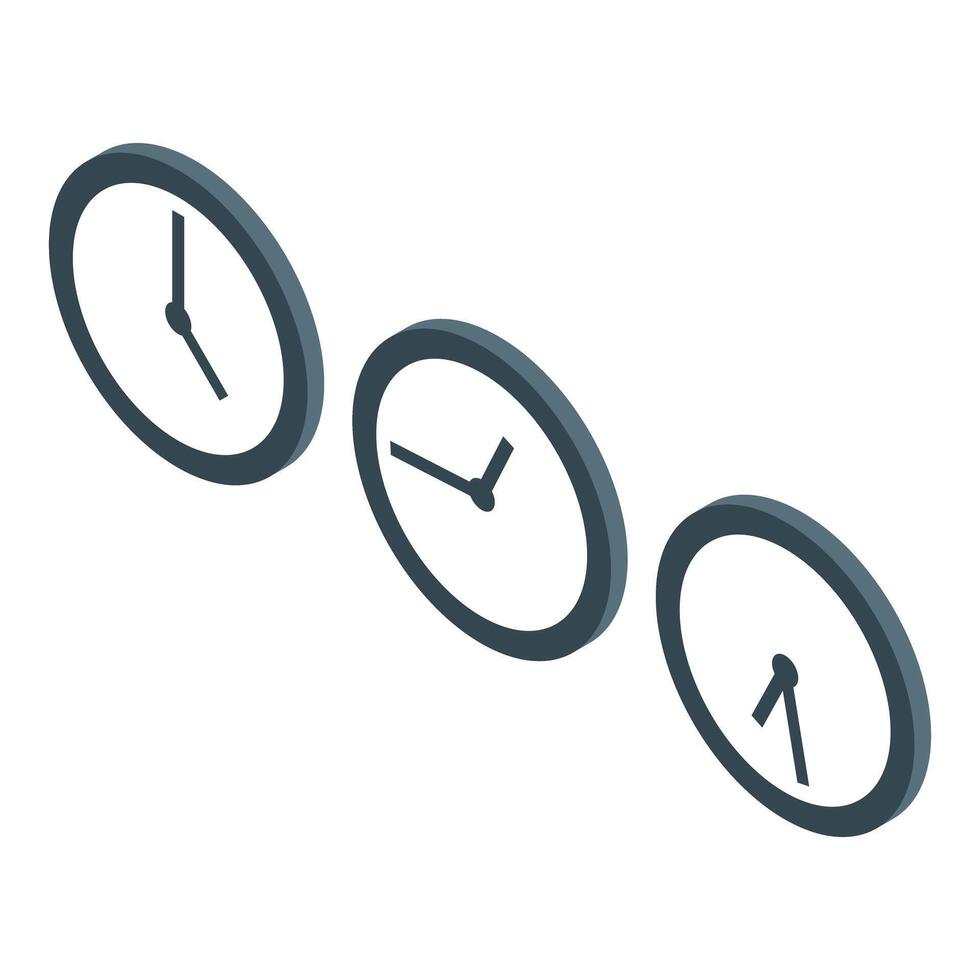 Three clocks showing different times in isometric view vector