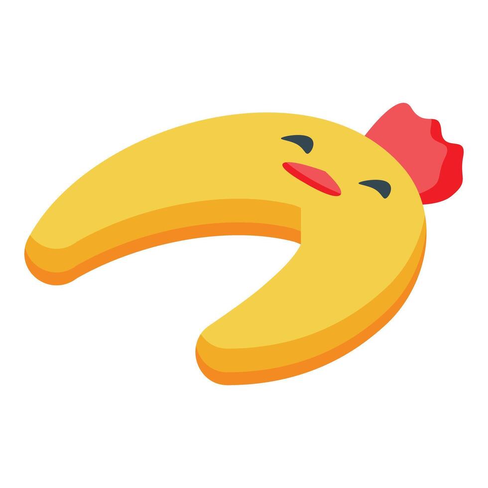 Crescent shaped chick cookie with closed eyes and red crest is smiling vector