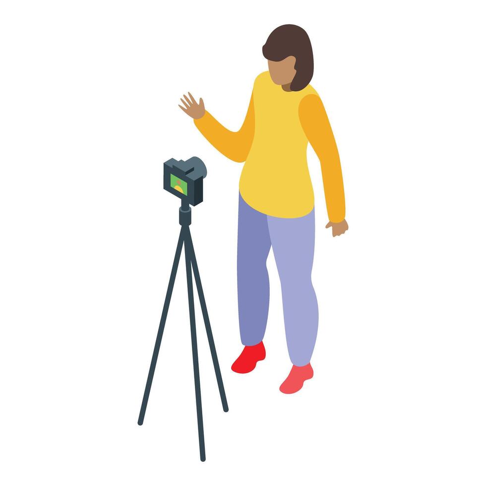 Young woman vlogger recording with camera on tripod vector