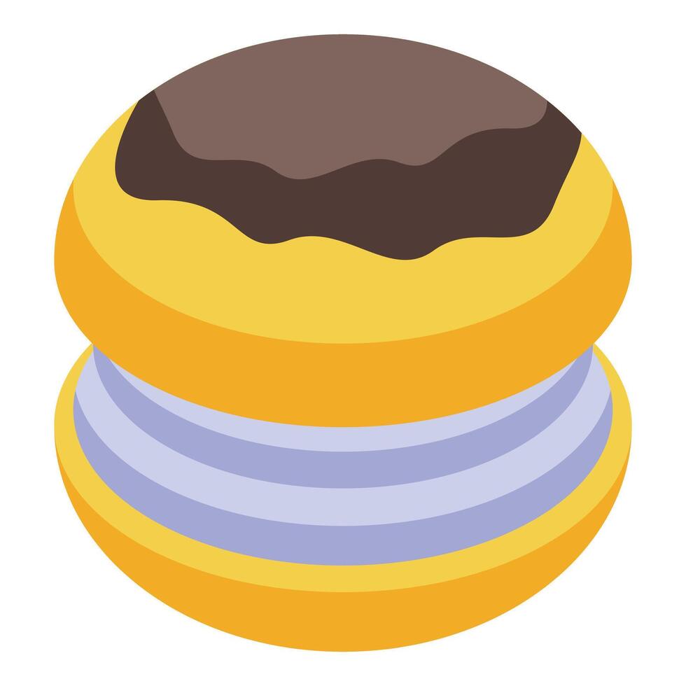 Delicious round macaron with chocolate topping and cream filling vector