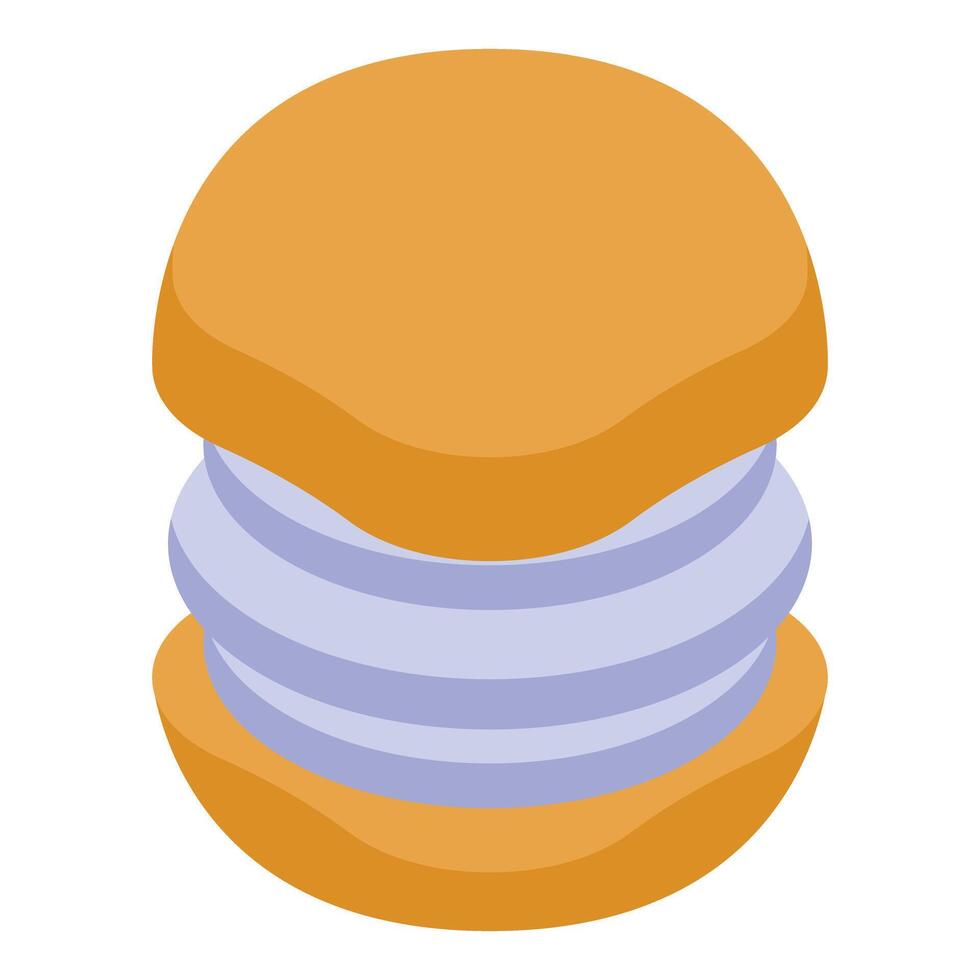 Delicious whoopie pie with purple filling cream being held by two orange cookies vector