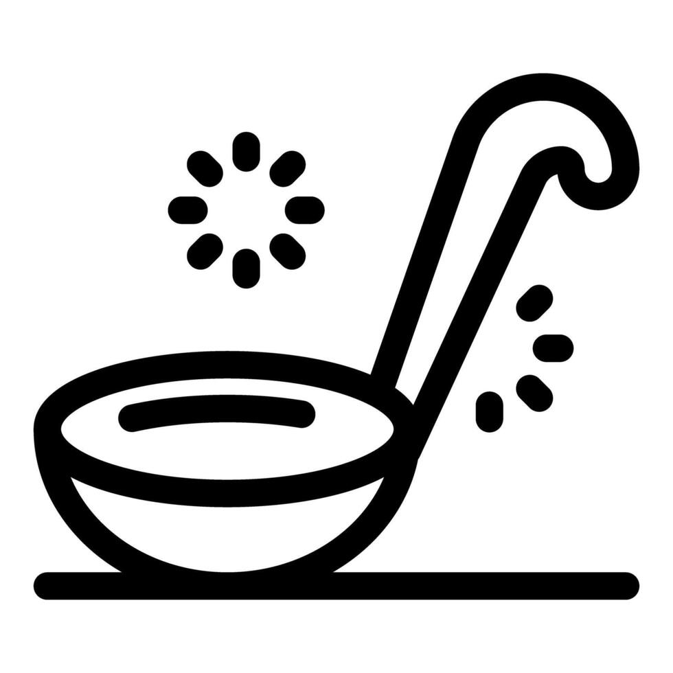Hot soup ladle pouring liquid, dripping broth, preparing food icon vector