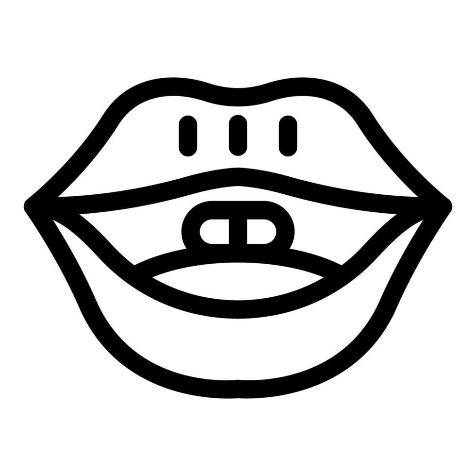 Line art icon of open mouth holding a pill between teeth vector