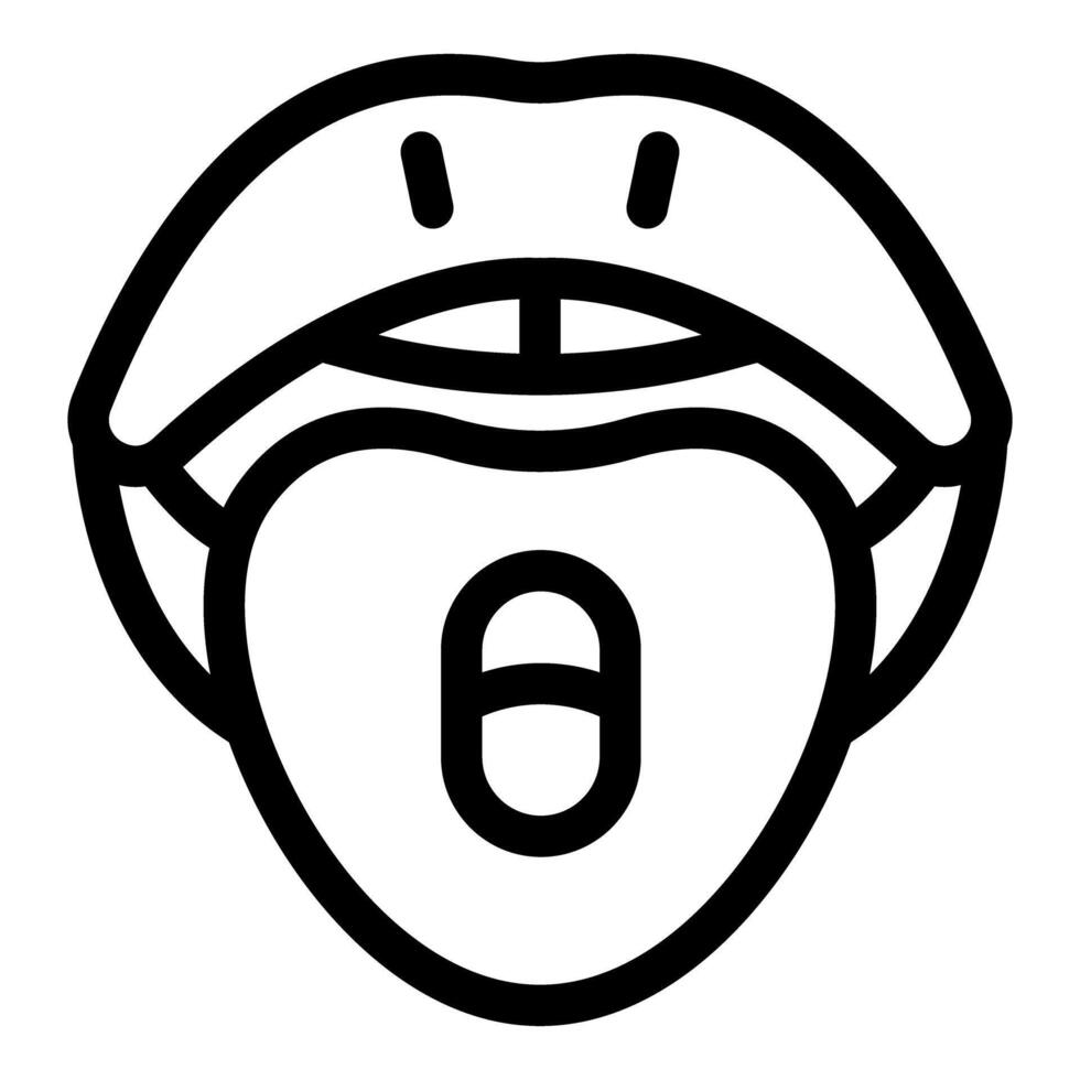 Open mouth showing tongue with capsule medicine placed on it vector