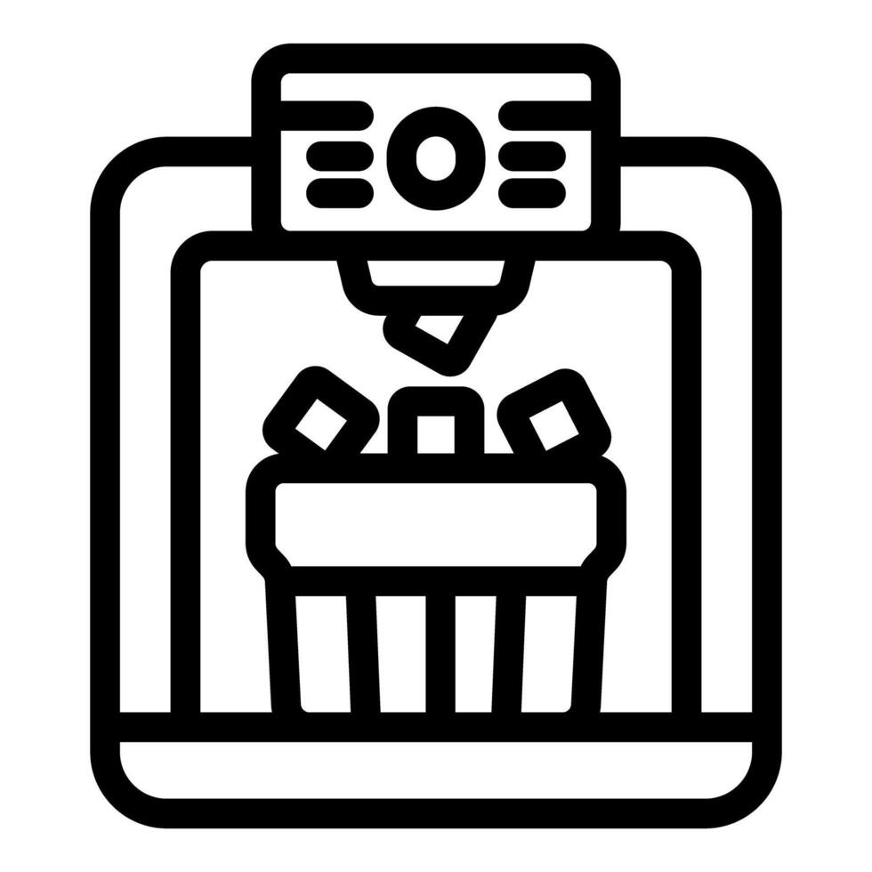 Ice maker machine pouring ice cubes into basket, home appliance icon vector