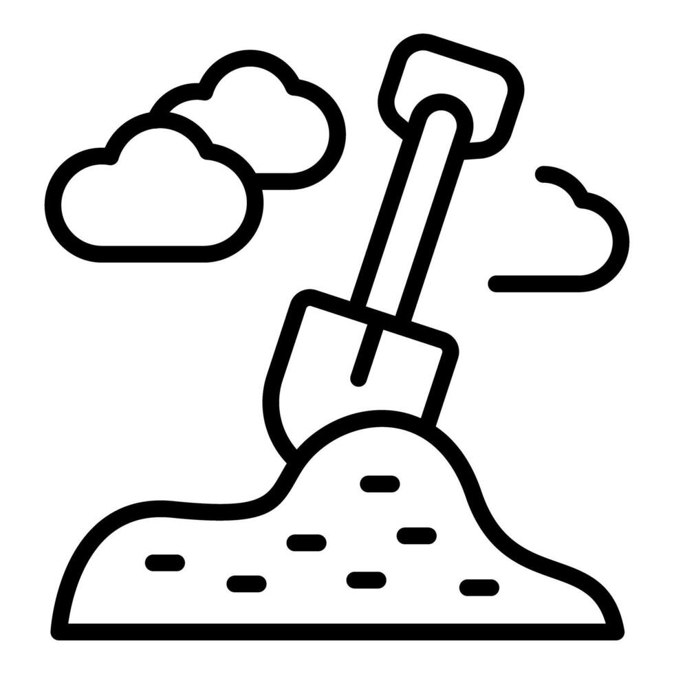 Shovel digging into pile of dirt under cloudy sky, construction and gardening icon vector