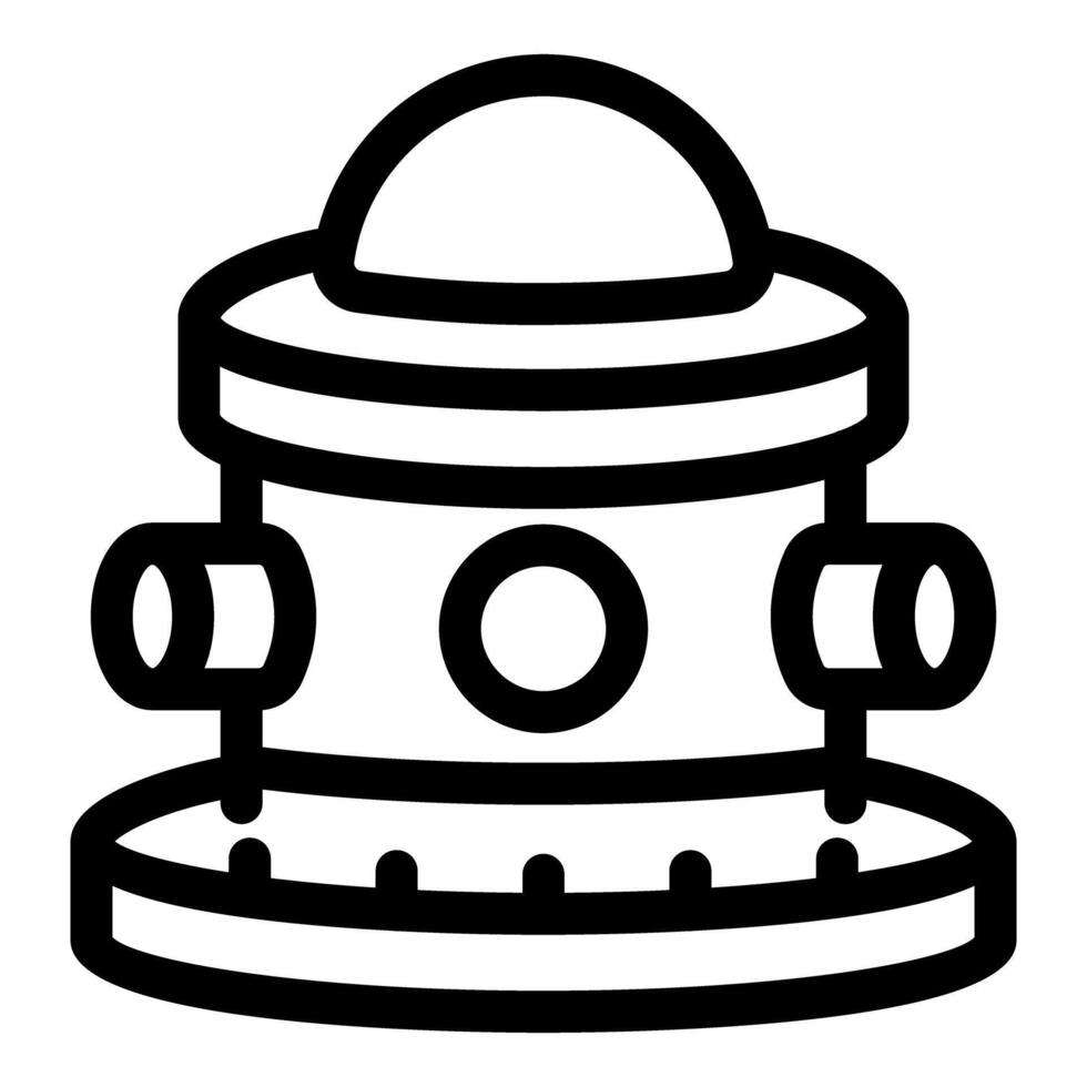 Alien spaceship hovering with open hatch and pipes displayed in simple line art style vector