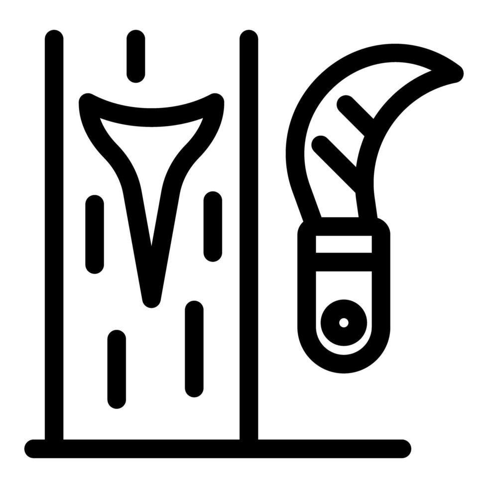 Rubber tapping process and curved knife for latex extraction vector