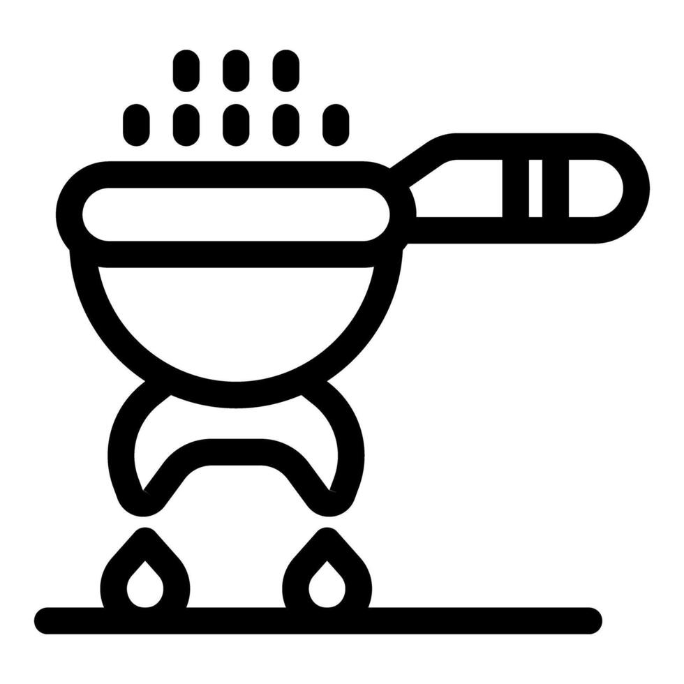 Frying pan on lit stove cooking food, line icon design vector