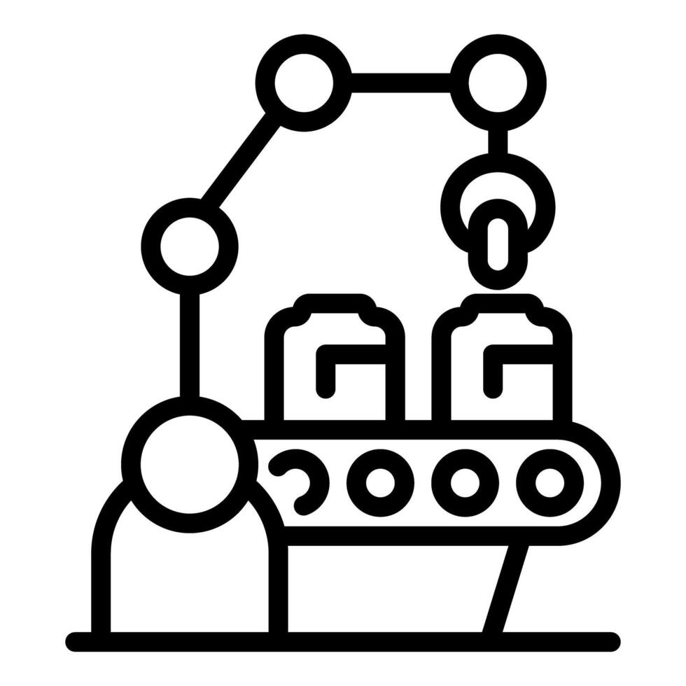 Robotic arm placing product on conveyor belt in automated production line vector