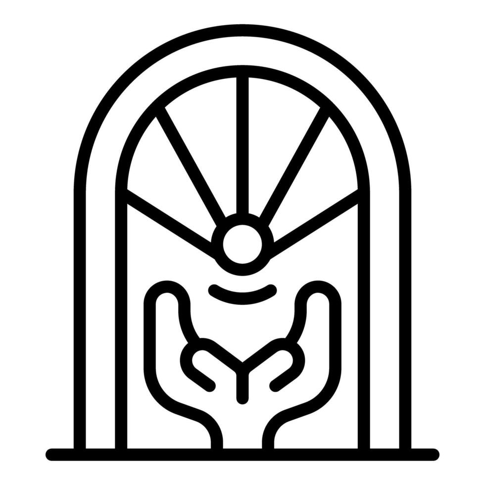 Protecting magic orb behind round door with hands, mystical artifact preservation vector