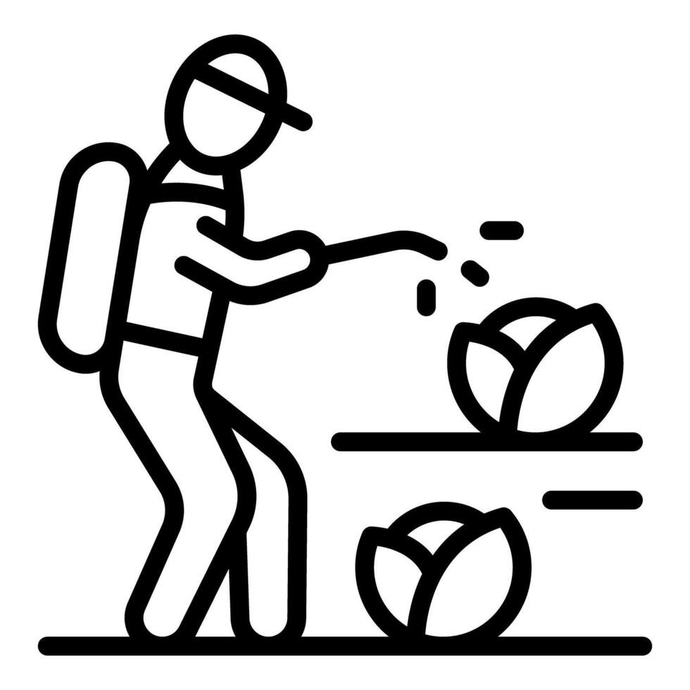 Farmer spraying insecticide on cabbage crops wearing backpack pulverizer vector