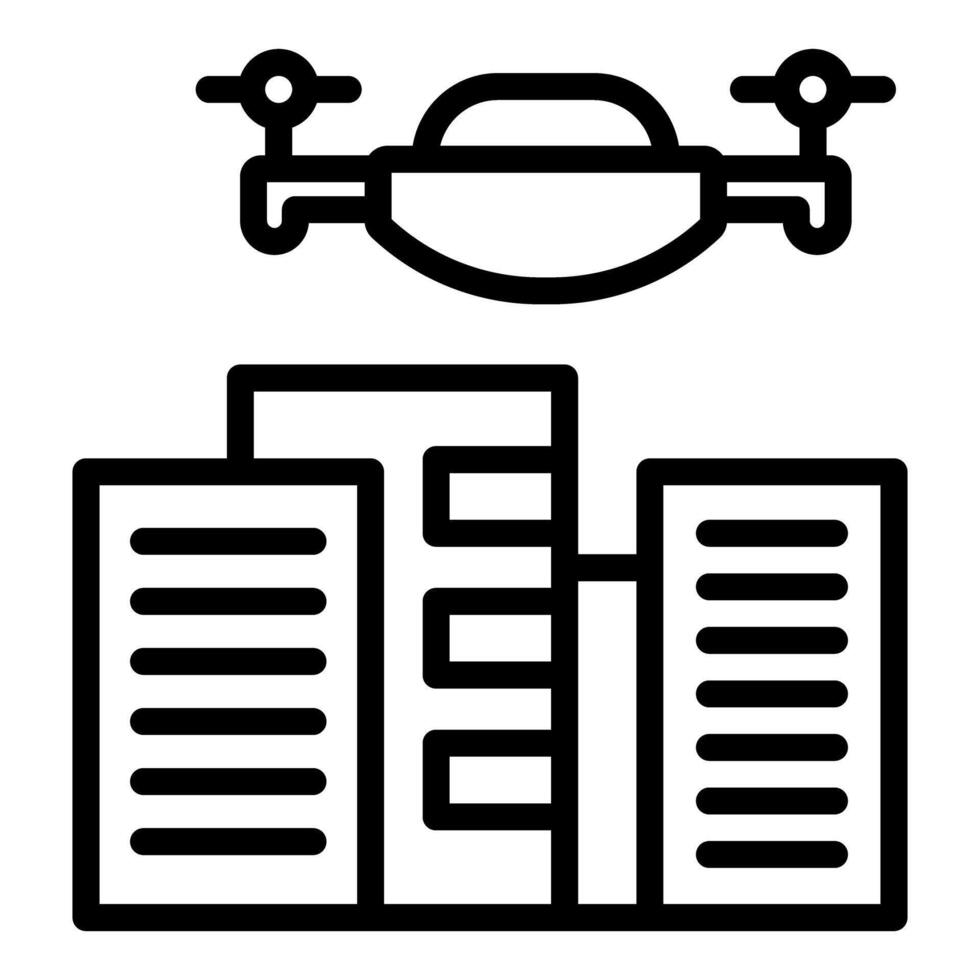 Drone flying over buildings delivering package, modern urban aerial delivery icon vector