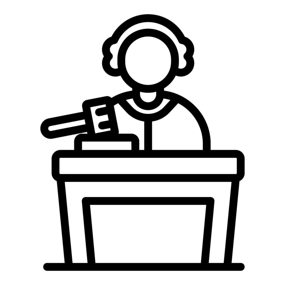 Auctioneer hitting gavel with headphones at desk during auction vector