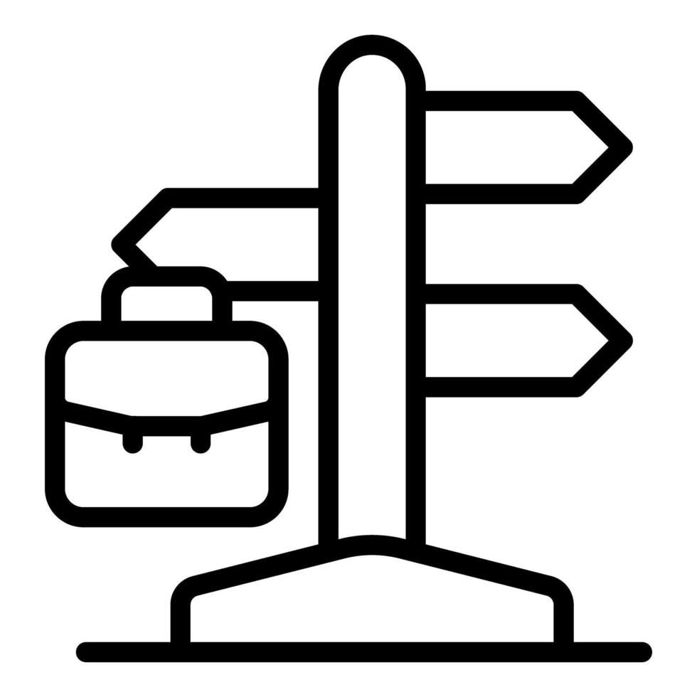Briefcase hanging on a signpost with multiple directions, choosing career path vector