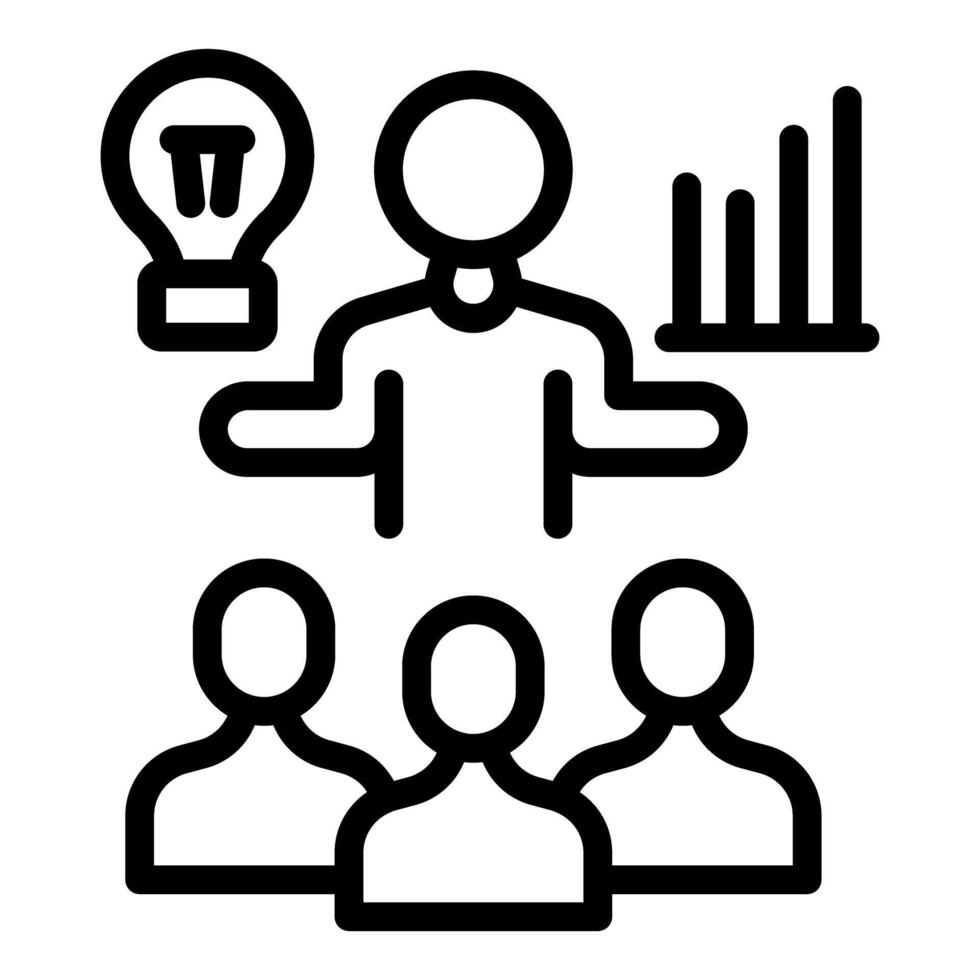 Businessman explaining growth strategies to his team using lightbulb and graph icons vector