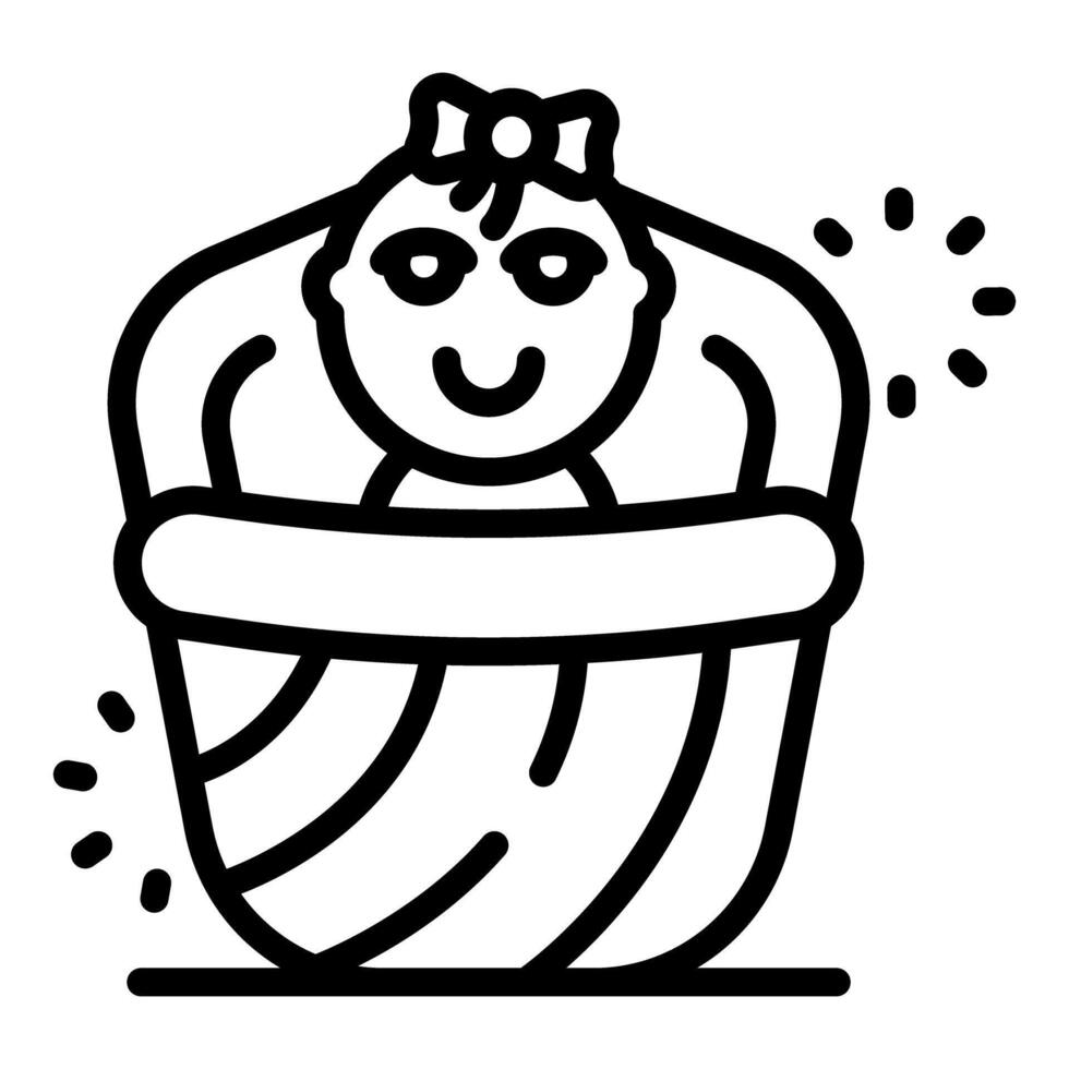 Newborn baby girl resting in moses basket wearing a bow vector