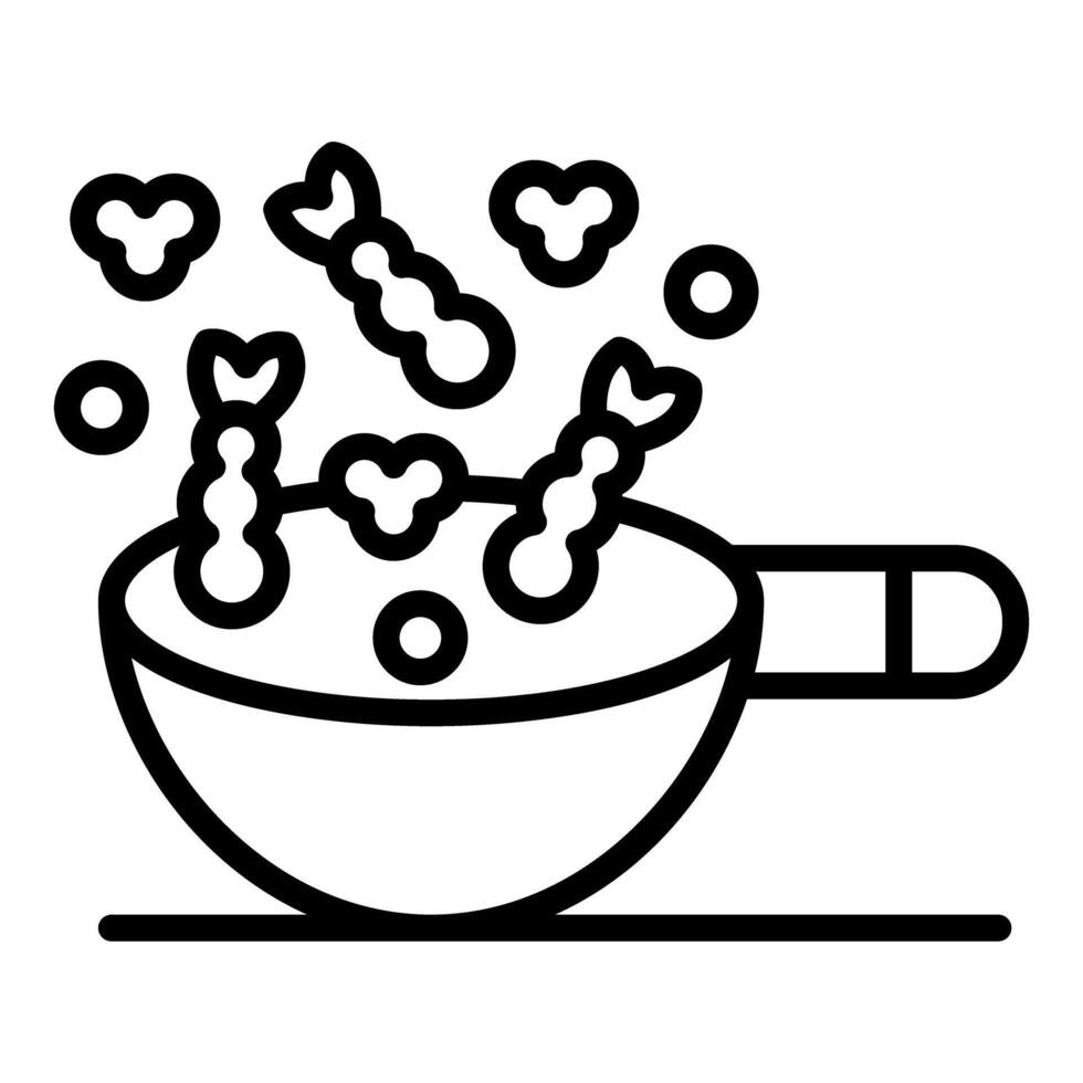 Wok pan cooking shrimps with spices and herbs, preparing delicious seafood meal vector