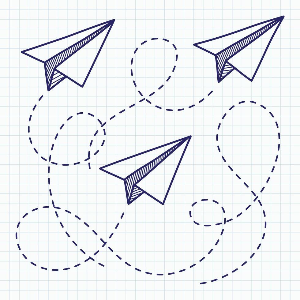 Hand drawn doodle illustration of flying paper airplanes with dashed lines showing flight paths on a grid paper background. Ideal for school, creativity, and freedom concepts. vector