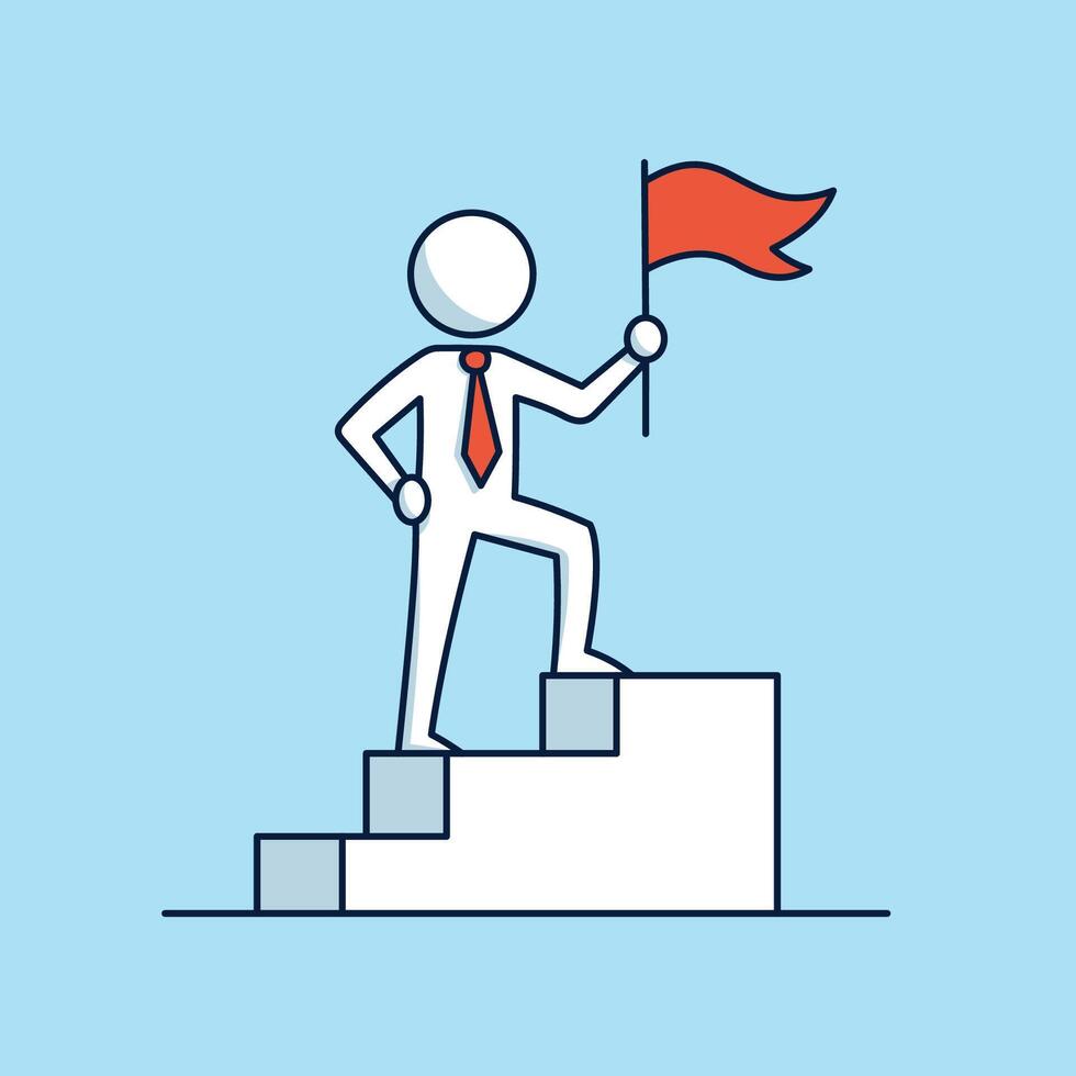 Minimalist stickman businessman standing proudly on stairs with red flag, representing leadership, success, achievement, motivation, and business growth in modern flat design. vector