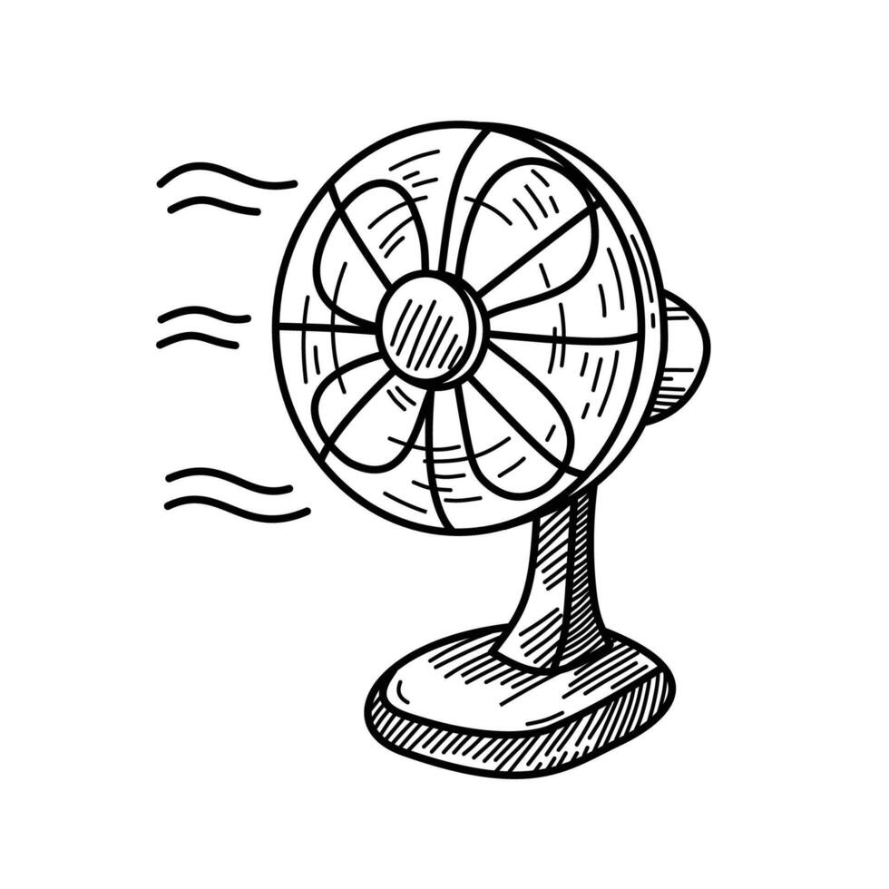 Retro hand drawn electric fan sketch blowing cool air, illustrated in vintage engraving style. Ideal for summer, heat relief, ventilation, or home appliance themed designs. vector