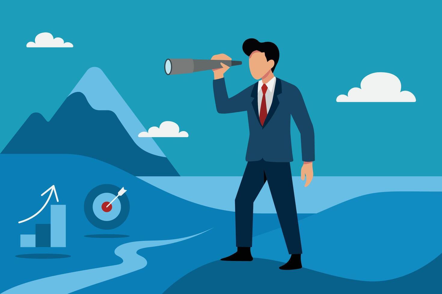 Faceless businessman in suit using telescope in abstract landscape, symbolizing business vision, planning, and strategy. Includes mountain, graph, and target icons for business success concept. vector