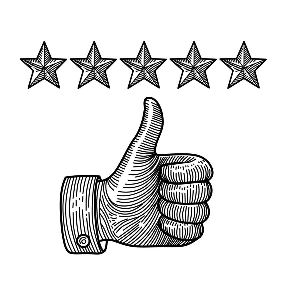 Hand drawn vintage thumbs up gesture with five stars above, representing excellent rating, positive review, customer satisfaction, and quality service in engraved sketch style. vector