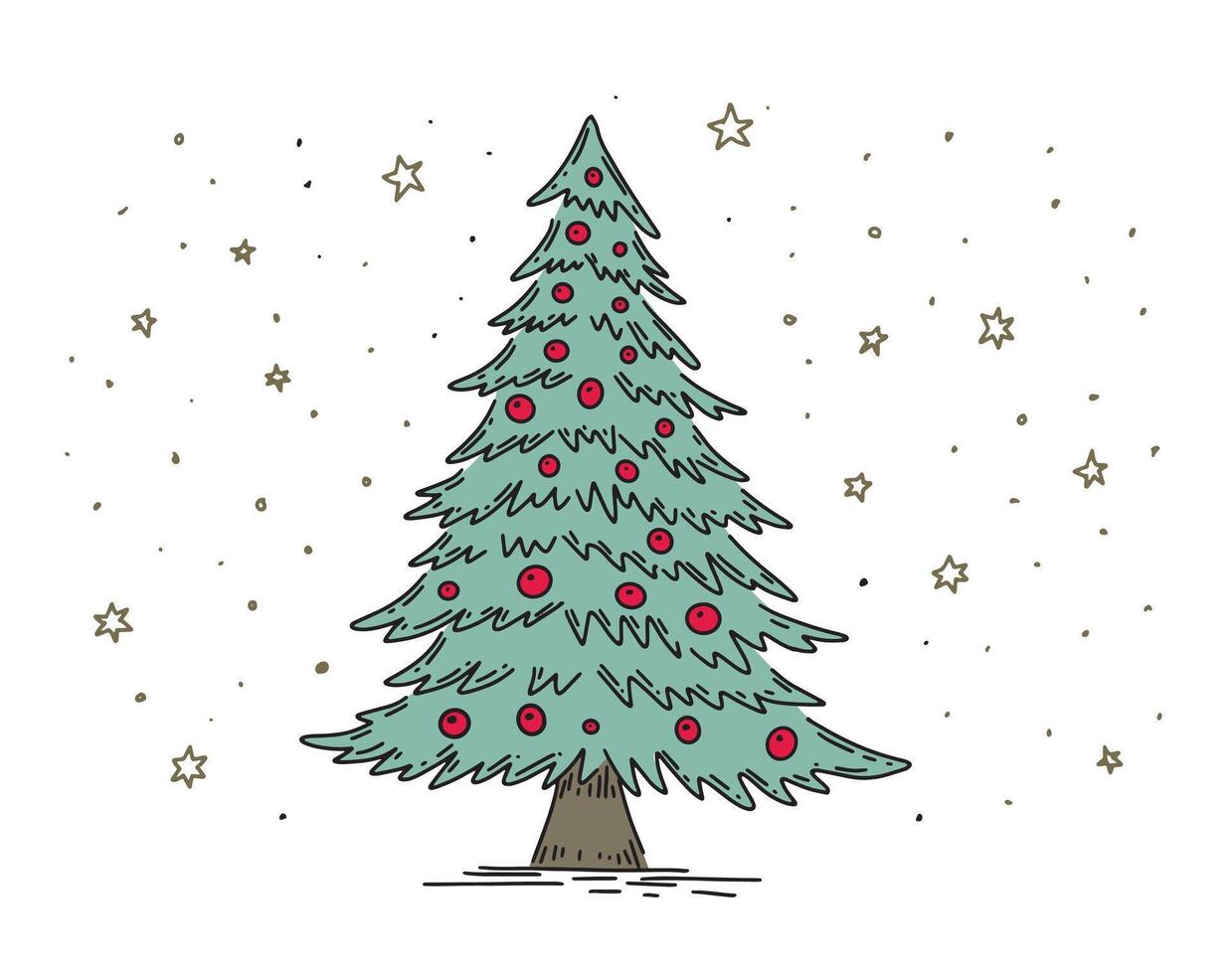 Christmas green tree with snow, set on white, hand drawn illustration vector