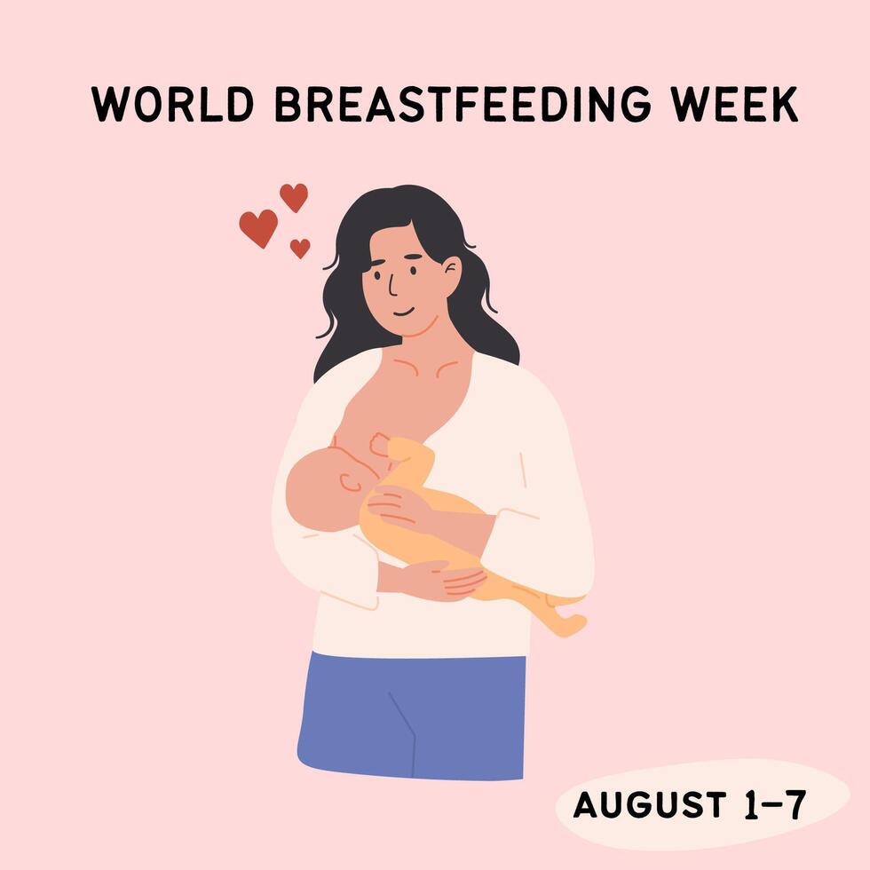 World Breastfeeding Week social media post. Mother nursing the baby. Square banner for lactation awareness and maternal health support. Flat Style Illustration. vector