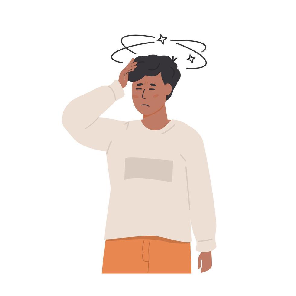 Young boy or teenager experiencing dizziness and holding his head with a pained expression. Symptoms of vertigo, dehydration, pediatric health issue. Flat Style Illustration isolated on white. vector