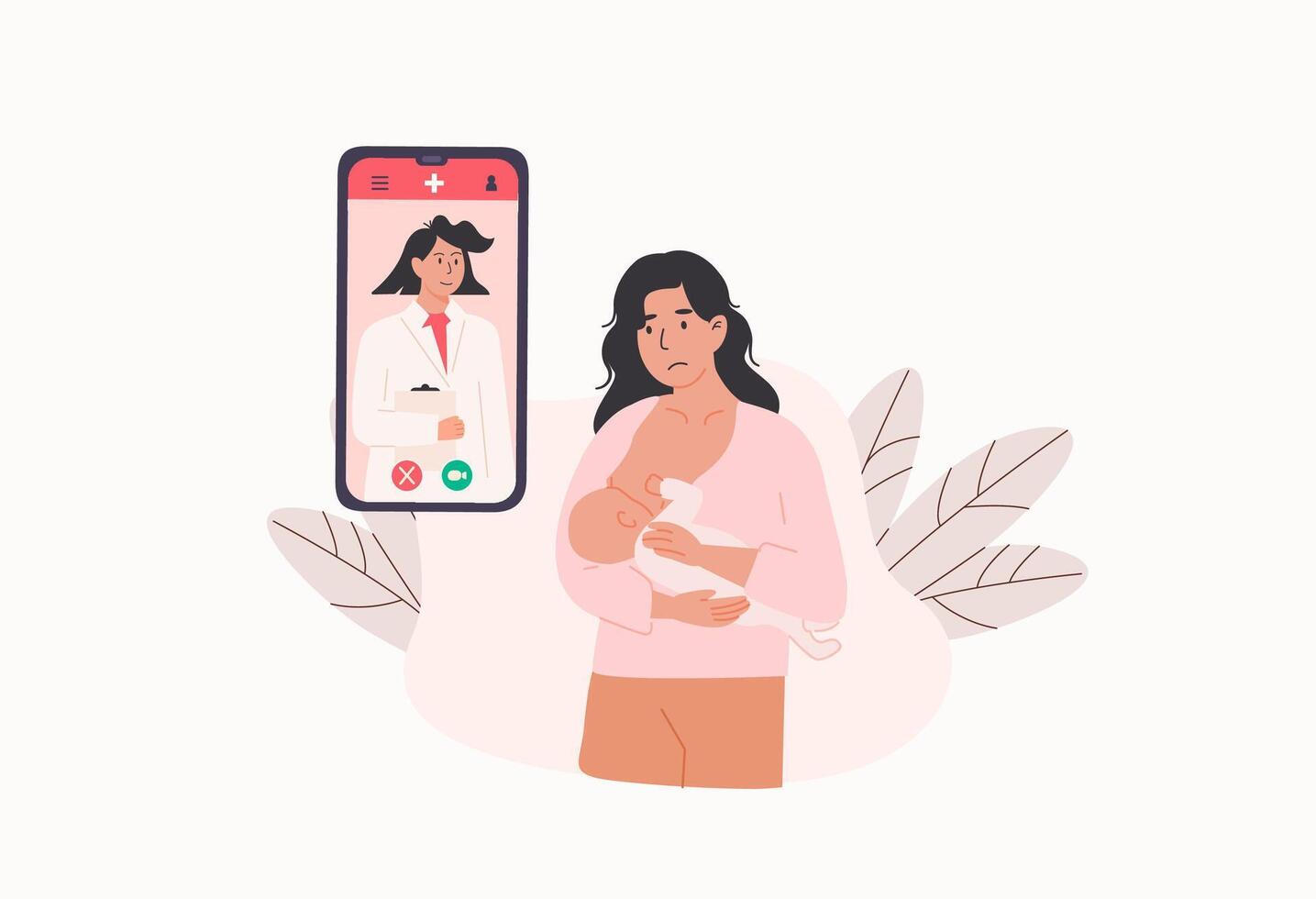 Unhappy mother using mobile app to consult with lactation consultant for breastfeeding and latch problems. Digital health support for new moms. Flat Style Illustration. vector