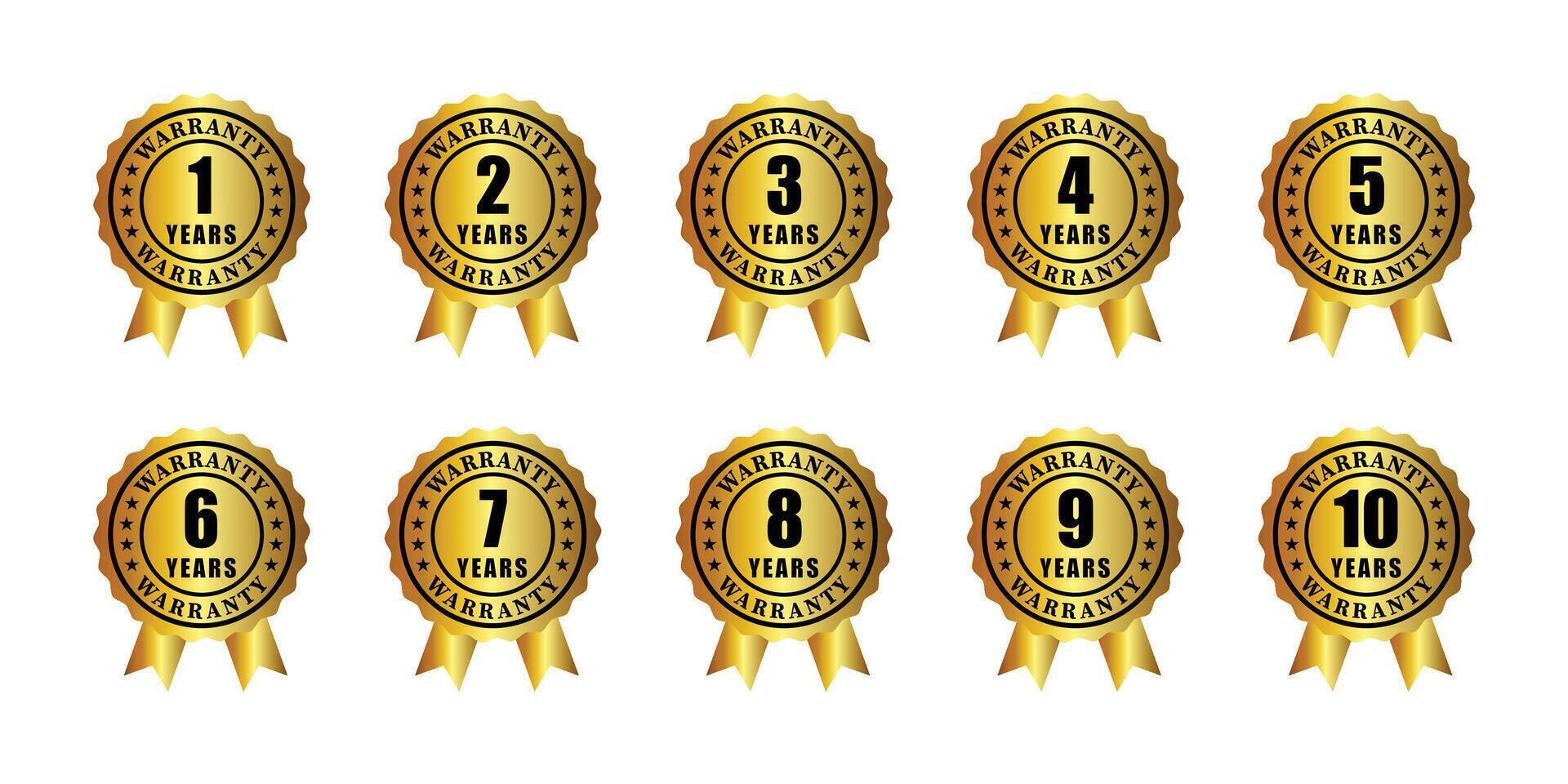 Collection of golden warranty seals from one to ten years with ribbons, illustration vector