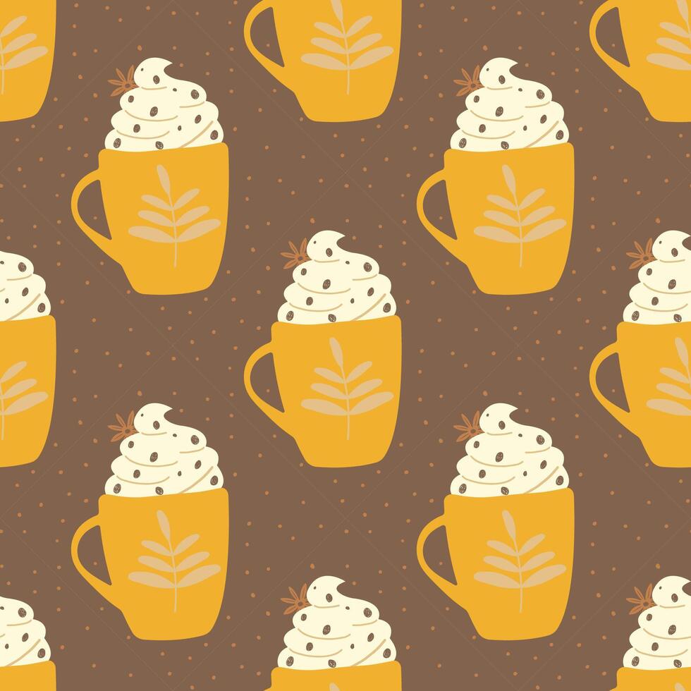 Yellow Coffee cup icon seamless pattern on brown background. Hot drink coffee. Seamless pattern for fabric, textiles, clothing, wrapping paper, cover, banner, home decor, abstract background vector