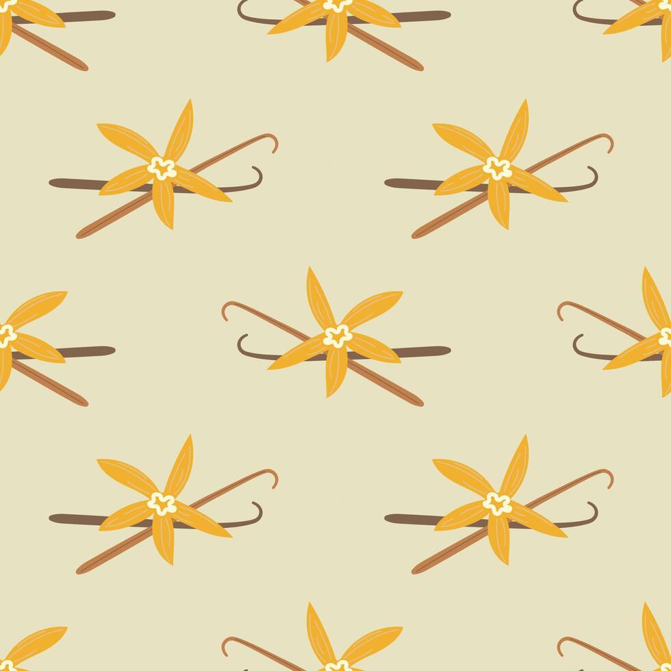 Elegant seamless pattern with vanilla pods and tropical vanilla flowers. Ideal for eco-friendly product packaging, botanical branding, and natural-themed designs. vector